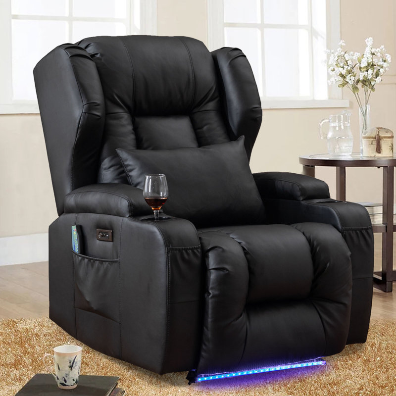 Black leather recliner with cup holder sale